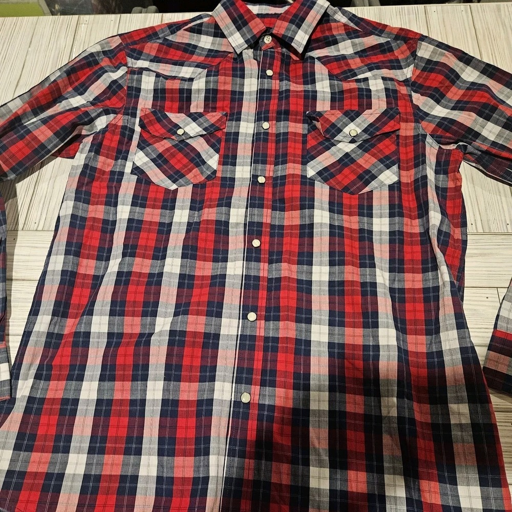 Double Pump Shirt Mens Medium Pearl Snap Buttons Red Plaid Long Sleeve